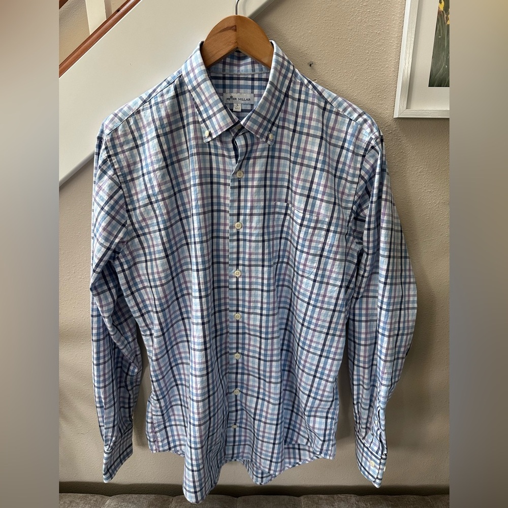 Peter Millar Men's Blue and Red Plaid Shirt
